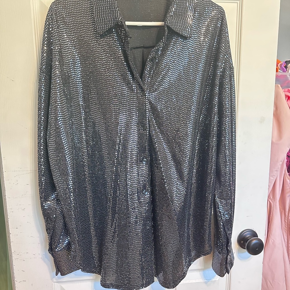 Silver Sequin Button-Up Shirt with pants to match